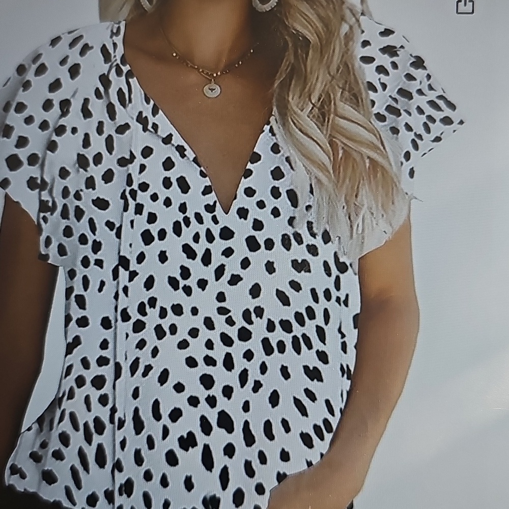 New Short Sleeved Polka Dotted Feminine Lightweight V-Neck Tie Blouse XL